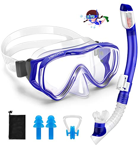 HIKOTEI Set da Snorkeling per Bambini con Maschera e Boccaglio,Maschera per Immersioni Anti-Nebbia & Anti-Perdite Panoramica 180°,Protezione UV,Adatto a Ragazzi e Ragazze dai 4 ai 16 Anni - Dark Blue