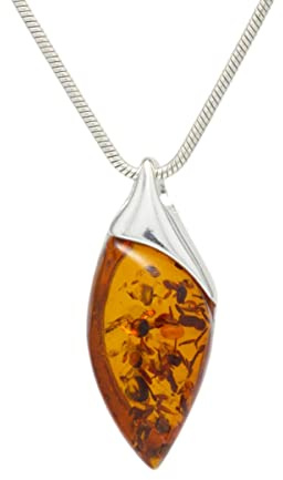LIGURIUS NATURAL BALTIC AMBER STERLING SILVER 925 NECKLACE Cognac PENDANT Gemstone For Women & Silver Adjustable CHAIN Snake 45cm - 50 cm, Gift set