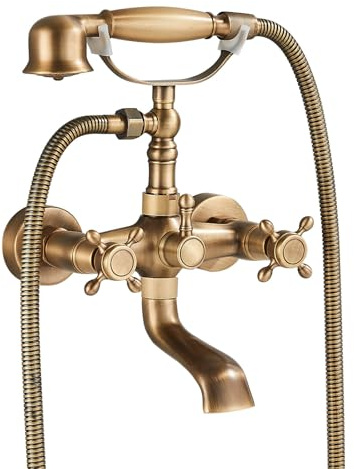 TVTIUO Grifo de bañera con alcachofa, mezclador de bañera con manguera de ducha de 1,5 m para baño, antiguo vintage grifo de pared para ducha, juego de ducha, latón