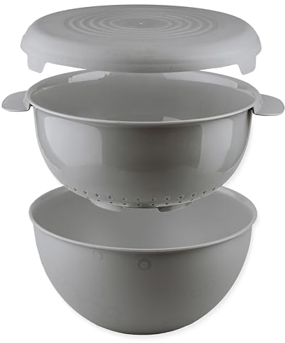 Go Practic Salat Schüssel Set Mit Sieb Und Deckel, 3 Teilig Grau, 3L Küchenset, Kunststoff Große Plastikschüssel Küchensieb Salatschüssel