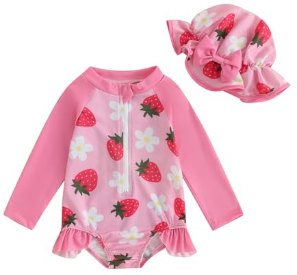 Vioyavo Traje de baño para bebé niña con estampado de fresa/flor/sirena, manga larga, cuello redondo, traje de baño con cremallera frontal, Fresa rosa., 3-6 meses