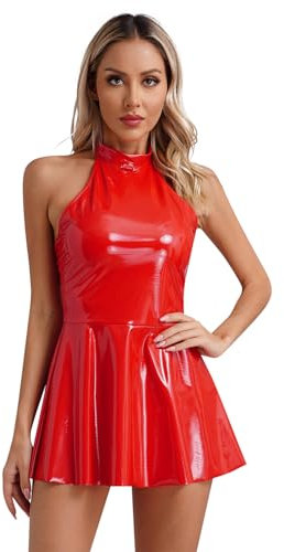 Jugaoge Damen Glänzend Kleider in Lack Leder Optik Neckholder Rückenfrei Minikleid mit Plissee Rock Sommer Sexy Gogo Outfits Clubwear Rot S