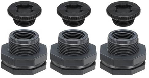 PATIKIL Raccordo Passaparete in PVC con Tappo G 1, 3 Pezzi Raccordo Doppia Filettatura per Serbatoio Acqua con Guarnizione in PVC per Secchi Pioggia, Lavelli, Acquari, Grigio