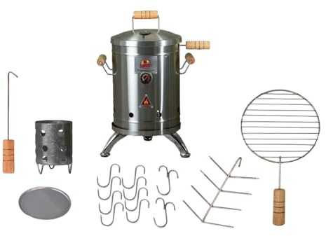 QUE ASADOR Mini affumicatore a carbone in acciaio inox da 4,1 kg, affumicatore verticale con termometro e sistema di ventilazione, griglia e affumicatore, affumicatore a cottura lenta, affumicatore