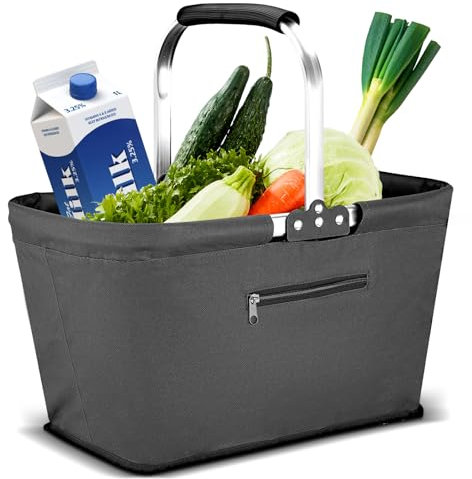 Yeabett 22 l shoppingkorg, praktisk hopfällbar korg shoppingväska med vadderade handtag för resor, picknick, shopping, presenter (grå)