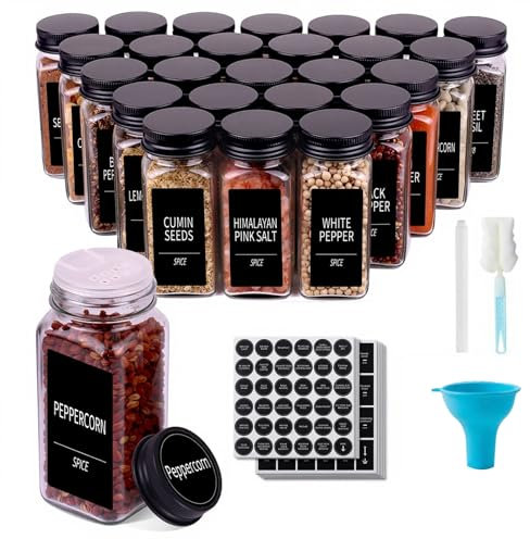 Tel Charme * Lot de 24 pots à épices vides de 100 ml avec couvercle shaker - Bocaux à épices vides en verre avec étiquettes et couvercle