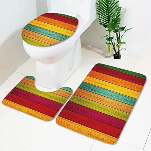 Badezimmerteppich Rot Gelbes Holz WC Vorleger mit Ausschnitt WC Deckelbezug 3 Teiliges WC Teppich rutschfeste Badgarnitur U förmiger Badematte Waschbar Bad Teppiche Set 50x80 cm