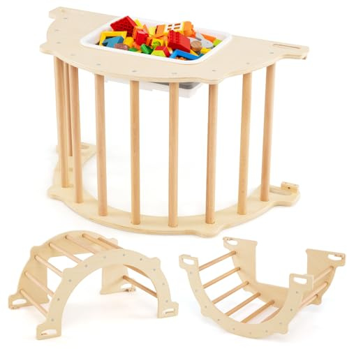 COSTWAY 8 en 1 Arche d'escalade Montessori en Bois avec Bac Pliable, Chaise à Bascule Enfant avec Poignée & Dispositif Anti-basculement, Intérieur, Charge 50kg pour 3 Ans+ (80x47x41cm)