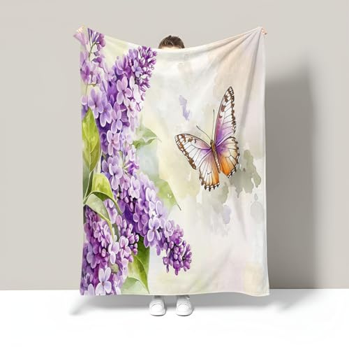 Mantas para Cama Sofa 150X200Cm, Manta De Franela Beige Flores Lilas De Acuarela Suave Caliente Cobijas De Otoño para Niños Adultos, Mariposa Vintage Manta Ligera De Regalo para Viajes