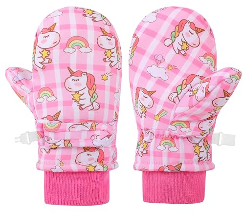 QKURT Manoplas de Invierno para Niñas, Guantes Impermeables y Forro Polar Cálido para Niños 2-4 Años, Manoplas Rosas con Unicornio para Bebés niño pequeño