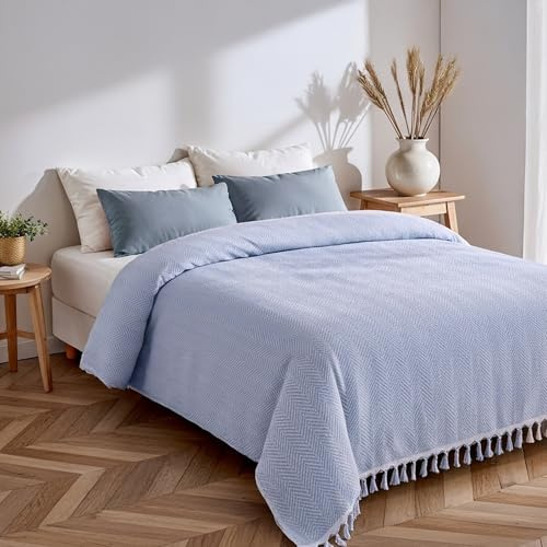 Loomvia Bettüberwurf & Tagesdecke 200x220 cm aus 100% Baumwolle - Türkis - Boho Baumwolldecke als Sofadecke, Sofaüberwurf - Pflegeinfos unter Info zu diesem Artikel