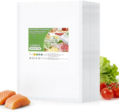 Oderra 100 Sacchetti Sottovuoto per Alimenti 20x30 cm - Bustine per Conservazione e Congelamento Sottovuoto - Compatibili con Tutte le Macchine Sottovuoto - per Imballaggio Alimentare