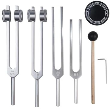 Stämgaffel i aluminiumlegering med silikonhammare, 128 Hz frekvens, ljudläkningsverktygsset, lämplig för meditation och terapi (set 4)