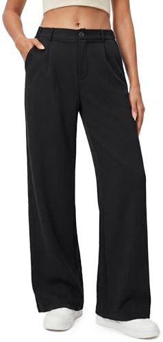 Enmain Pantalones Mujer Vestir Verano Cintura Alta Elástico Pierna Recta Ancha Antiarrugas Pantalon Palazzo Fluido Largo Ligeros Suelto Mujer Elegante Casual con Botón Bolsillos Negro L