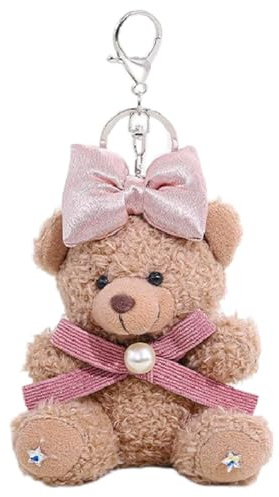 AIKOBAA Bag Charms – Cute Plush Bear Keychain with Pink Bow, Pearl & Star Details, Soft Fluffy Bear Purse Charm for Handbag Backpack, Girl Gift