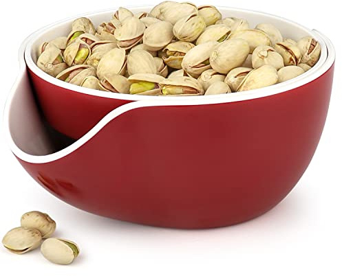 Stargoods Pistachio Bowl, Snack Serving Dish, Double Peanut Bowl with Nut Seeds Shell Candy Storage, Red