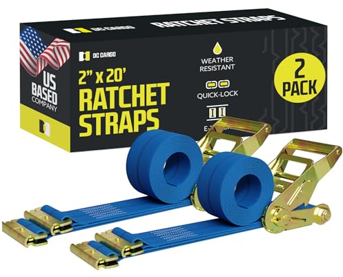 DC Cargo Mall E Track Ratchet Straps Cargo Tie-Downs, (Pack of 2) 2 x 20 Heavy Duty Blue Tie-Down Rachet Straps, Strong Ratchet Strap, E Track Spring Fittings, Tie Down Motorcycle