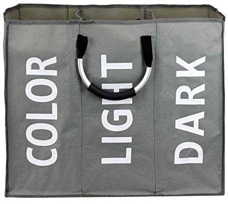 Cicilin Cesta grande plegable para la colada con 3 compartimentos, bolsa de almacenamiento portátil impermeable con asas de aluminio, color gris