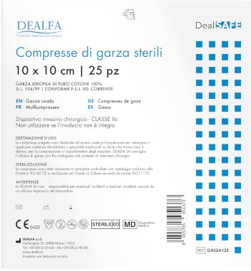 DEALFA Compresse di Garza Sterili - 10x10 cm - 100% Puro Cotone - per Medicazione, Cura e Pulizia Ferite - Monouso - Busta Singola da 25 Pezzi - Confezione da 100 Buste