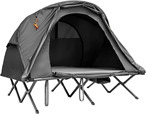 COSTWAY Tente Surélevée en Oxford 600D Respirant avec Matelas Auto-gonflant pour 2 Personnes, Tente de Camping Imperméable Double Toit Sac de Rangement Roulant pour Randonnée Camping (Gris)