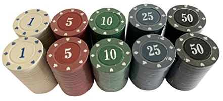 200 x NUMBERED POKER ROULETTE CASINO CHIPS - SUITED DESIGNS 40 x 5 COLOURS