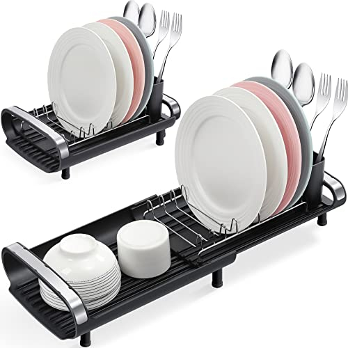 Small Dish Drainer, Expandable Dish Drainer Rack, Dish Rack With Removable Cutlery Holder, Anti Rust Small Sink Drainer, Expandable Draining Board Rack For Kitchen Counter, Black