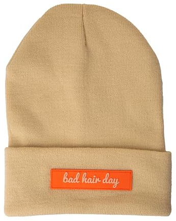 Fisura - Unisex vintermössa Bad hair day. Beige vintermössa för män. Vintermössa för kvinnor med meddelande. Stickad mössa i akryl och polyester.