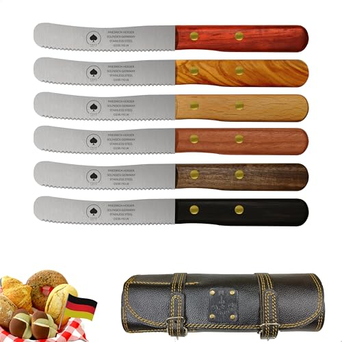 Solingen, set di 6 coltelli con lama ondulata con custodia in pelle di alta qualità, manico in legno, coltello per la colazione, coltello per panini, lama antiruggine, coltello da cucina extra