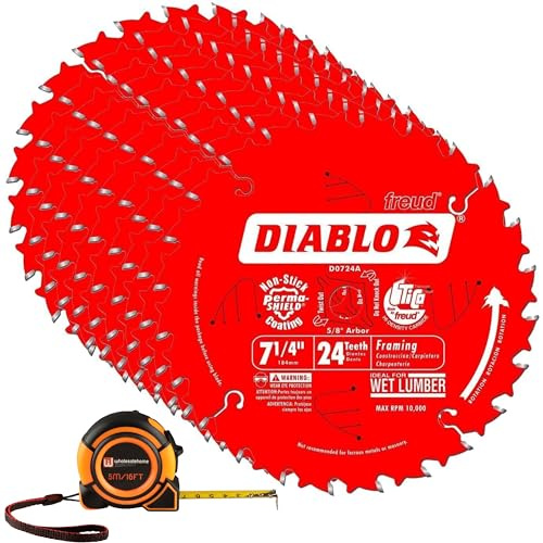 Diablo D0724A 7 1/4 Circular Saw Blade, 24 Tooth Framing Saw Blade 10 Pack, Tape Measure Included