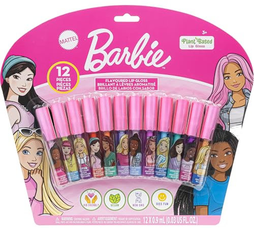 Barbie set lucidalabbra da 12 pezzi a base vegetale, set primo trucco per bambine, perfetto per feste, pigiama party e regali per compleanno, a partire dai 3 anni di età, prodotto da Townley Girl