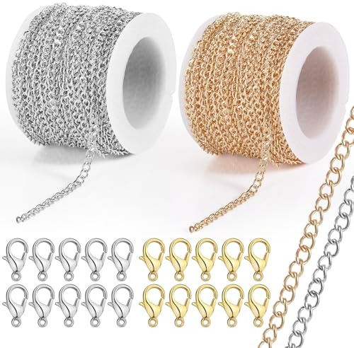 GOTDYBST 2 stycken 10 m länkkedja metervara, 3 x 4 mm, kedjor för pyssel | med 20 hummerlås, smycken hantverk tillbehör för Diy-smyckestillverkning