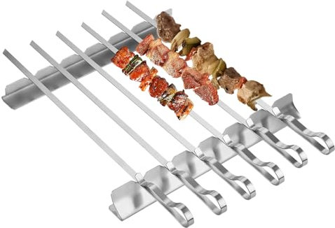 Set di 6 bastoncini da barbecue, forchette da 42 cm, spiedini piatti in metallo da 8 mm, spiedini riutilizzabili per kebab, 2 rack inclusi, kit di spiedini in acciaio inox per esterni