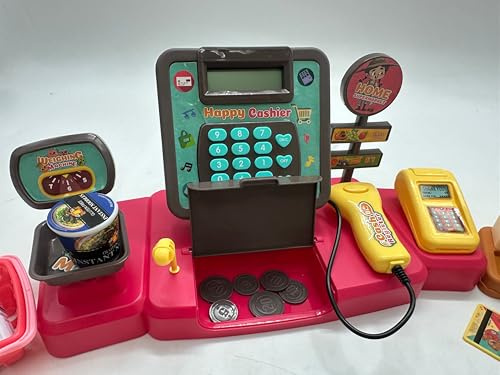 Flex Kids Electronic Cash Register Toy Scanner Card Machine Play Money Coffee Maker Sandwich Set Pretend Play Supermarket Till with Sound & Lights Educational Role Play Boys Girls 3 4 5 6+ Years Pink