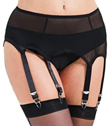 Women Sexy Mesh Garter Belt Plus Size High Waist Sheer Suspender with 6 Adjustable Metal Clips See Through Strappy Lingerie for Thigh Highs Stockings Babydoll for Club Rave Valentine (Black, L-XL)
