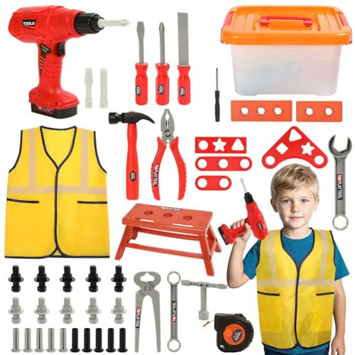 HOTUT Kids Tool Set, 56 Pcs Pretend Play Tool Toys, Tool Box with Electric Drill Toy, Kids Construction Toys with Vest, Role Play Toys Pretend Play Kids Toys for Boys Girls Age 3 4 5 6 Years Old