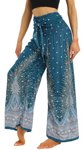 Nuofengkudu Pantalones Palazzo Boho Mujer Tiro Alto Fruncido Cinturón Verano Rayón Ligero Estampado Hippie Fluido Playa Vacaciones Fiesta Pantalon Holgados Viaje Casa Yoga Talla Pequeña A Verde