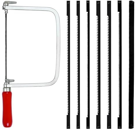 Set de sierra de marquetería con 7 hojas de sierra y arco para metal y madera, giratorio 360 grados, con mango de madera, alta adaptabilidad, uso versátil, cortes precisos