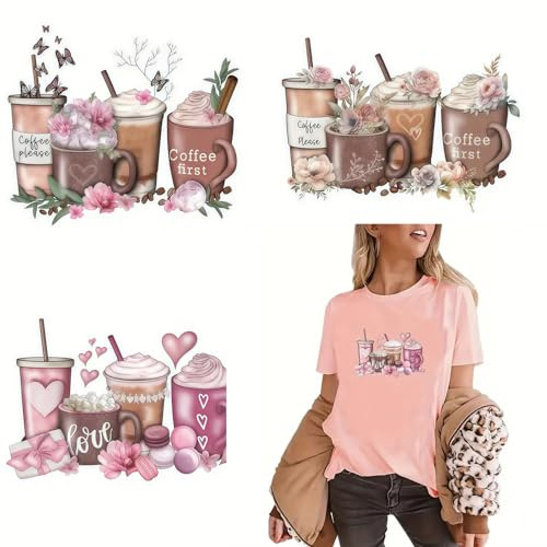 3pcs Coffee Latte Design Iron On Transfers for T-Shirts Rub on Transfers Stickers Vinyl Ready to Press Stickers Iron on Decals for T-Shirts Clothing Hoodie DIY Crafts