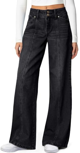 Sidefeel Women's Wide Leg Jeans High Waisted Stretchy Seamed Front Straight Leg Trendy Loose Denim Pants Black Size 16
