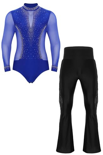 Sinleey Men's Latin Ballroom Dance Costume Rhinestone Shiny Bodysuit with Flared Pants Ballet Dance Outfit Blue&Black Medium