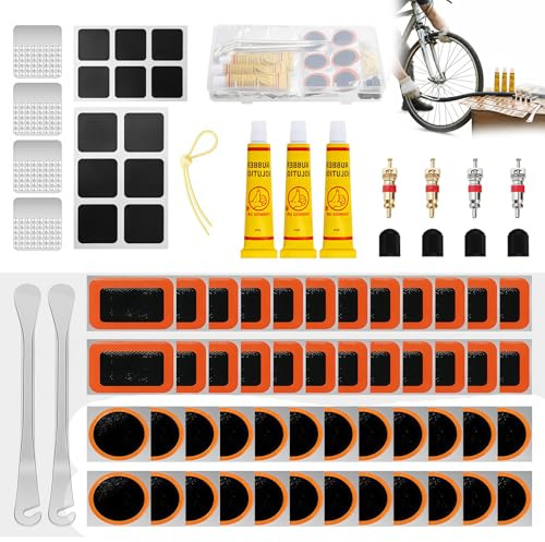 AONAT Kit Riparazione Bici 79 Pezzi con Toppe (60 Pezzi) Autoadesive in Gomma, Attrezzi Multifunzione e Leve per Pneumatici, Lima in Metallo e Contenitore Portatile per Mountain Bike BMX