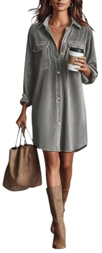 Minetom Robe Chemise en Velours Côtelé Femme Automne Hiver Décontractée Manches Longues Robes avec Boutons Poches