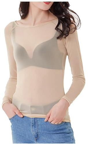 Maglia Trasparente Donna in Tulle con Colletto Tondo e Maniche Lunghe Maglietta Trasparente Top Elegante Curvy sotto Giacca Sexydonna Sottogiacca Y2K Casual per Autunno Primavera Feste Uscire Casa,XL