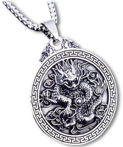 Pidak Kinesisk drakhalsband med Fu Ideogram | Hänge 4,3 cm | Kedja 60 cm | Lycka och välstånd amulett