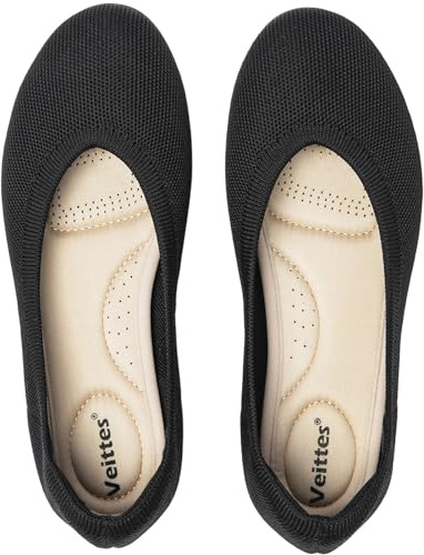 Veittes Women's Wide Flats Shoes Round Toe Knit Ballet Flats,Black 8