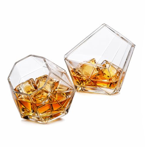 SLIAXINT set di 2 diamante bicchieri da whisky 250ml bicchiere di cristallo apertura inclinata design minimalista bicchiere whisky senza stelo bicchierini per rum mojito cognac amaro e distillati