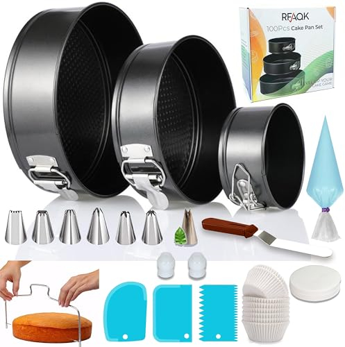 RFAQK Cake Tins for Baking 100 Pcs Springform Cake Tins Kit Includes 3 Round Non-Stick Cake Pan (4,7,9 inches Baking Tins)-Piping Bags and Nozzles-Leveler–Leak Proof Cheesecake Tin-Bakeware & EBook…
