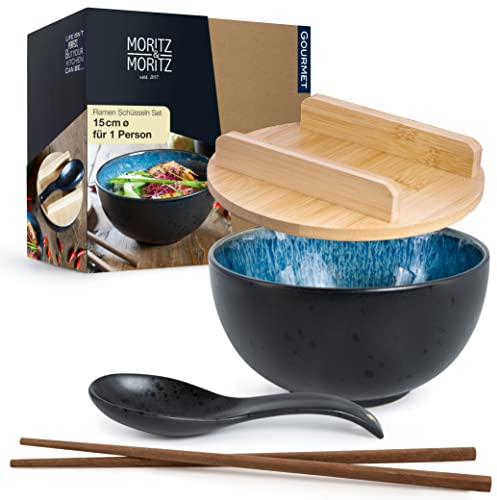Moritz & Moritz SOLID Ramen Schüssel Keramik - 600 ml - 15 cm Ø - Schwarz blaues Ramen Bowl Set für 1 Person - Für Suppe, Pho und Sushi Bowl - Inkl. Stäbchen, Deckel und Löffel