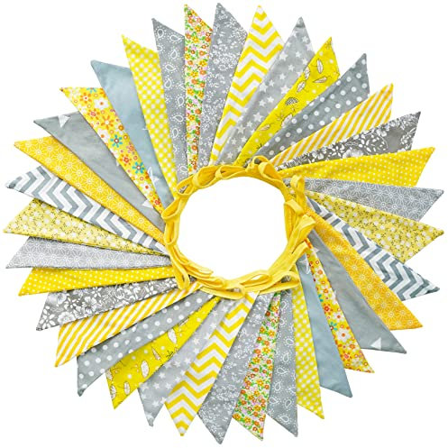 G2PLUS 36PCS Grey and Yellow Fabric Bunting Banner, 10M Two Layer Triangle Flag Garland, 17x19CM Double Sided Large Floral Pennants for Wedding Birthday Parties Decoration