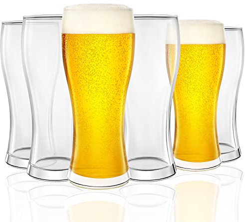 Kitchen Lux 16oz Pilsner Beer Glasses, Set of 6, Clear, Reusable, Dishwasher Safe, Bpa Free, Modern, Round, 16 ounces, 3 inches (W) x 7 inches (H), Ideal for Home & Bar for Men
